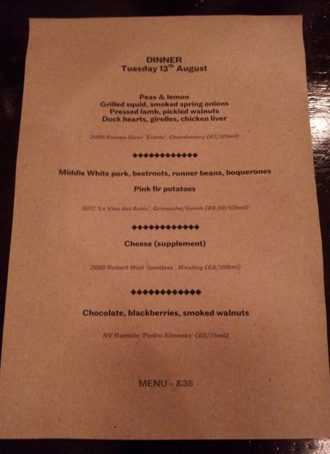 Our set menu for the evening. Laconic, to say the least